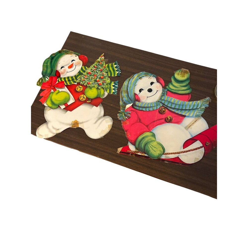Vintage Set of 2 Carrington Die Cuts Christmas Snowman Snowmen Sled Tree 14-15"